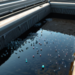 **Nanotechnology Water Purification:** A futuristic scene showing tiny nanobots cleaning heavily polluted wastewater, heavy metals being extracted. Close-up on the nanobots alongside a wider shot displaying clean water flowing out, contrasting with the polluted input. High-tech, clean, hopeful, showcasing the potential of nanotechnology.