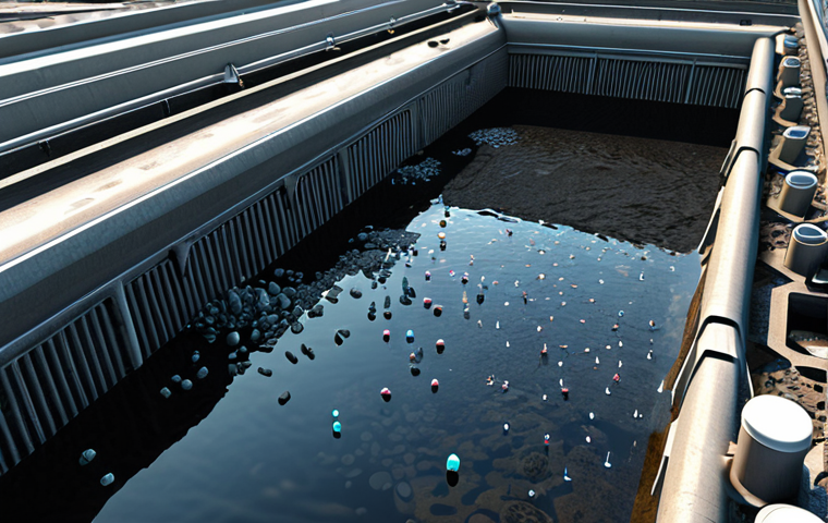 **Nanotechnology Water Purification:** A futuristic scene showing tiny nanobots cleaning heavily polluted wastewater, heavy metals being extracted. Close-up on the nanobots alongside a wider shot displaying clean water flowing out, contrasting with the polluted input. High-tech, clean, hopeful, showcasing the potential of nanotechnology.