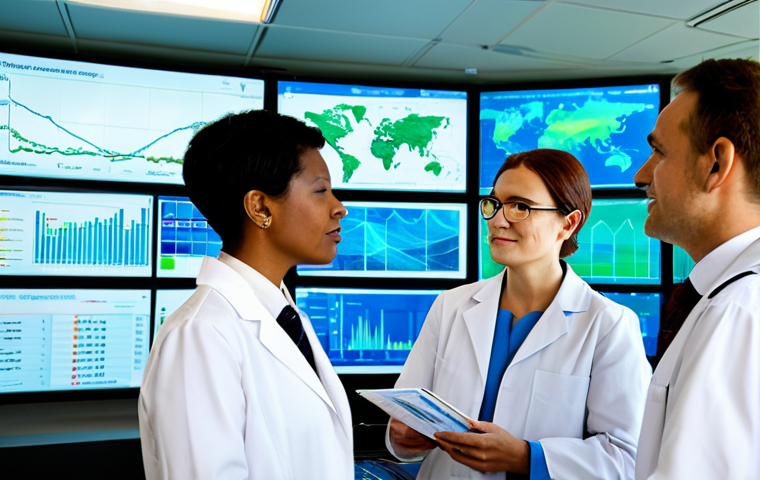 A diverse group of five professional environmental scientists and engineers, fully clothed in modest, modern business attire and clean lab coats, standing in a brightly lit, high-tech control room. Large, translucent screens display real-time environmental data: intricate graphs of air quality, smart city traffic flow maps, and clean energy consumption. The background subtly suggests a modern, green urban landscape with advanced infrastructure visible through large windows. The overall atmosphere is one of innovation and dedication to a sustainable future. Perfect anatomy, correct proportions, natural poses, well-formed hands, proper finger count, natural body proportions. Safe for work, appropriate content, fully clothed, professional, high quality, professional photography, cinematic lighting, ultra-detailed.