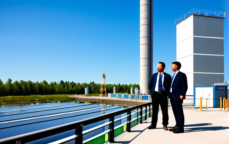 A professional team of diverse environmental engineers, fully clothed in modern, professional work attire, observing an advanced, integrated eco-engineering facility. The facility features sleek, futuristic air purification towers releasing clean air into a vibrant blue sky, alongside a multi-stage water treatment plant with visible clean water flowing into a natural body of water. Digital screens display real-time environmental data and drones with sensors are visible in the air. The overall atmosphere is one of technological progress and scientific achievement. This image is professional photography, high-resolution, sharp focus, with natural lighting. perfect anatomy, correct proportions, natural pose, well-formed hands, proper finger count, natural body proportions, fully clothed, modest clothing, appropriate attire, professional dress, safe for work, appropriate content, family-friendly.