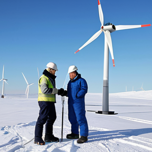 Home 25 **
A collaborative team of Russian and German engineers working on a wind turbine project in the Arctic. They are fully clothed in appropriate work attire, inspecting the turbine's components. The scene shows a vast, snowy landscape with the wind turbine in the background. Focus on teamwork, innovation, and sustainable energy. Safe for work, appropriate content, fully clothed, professional, perfect anatomy, correct proportions, natural pose, high quality.
**