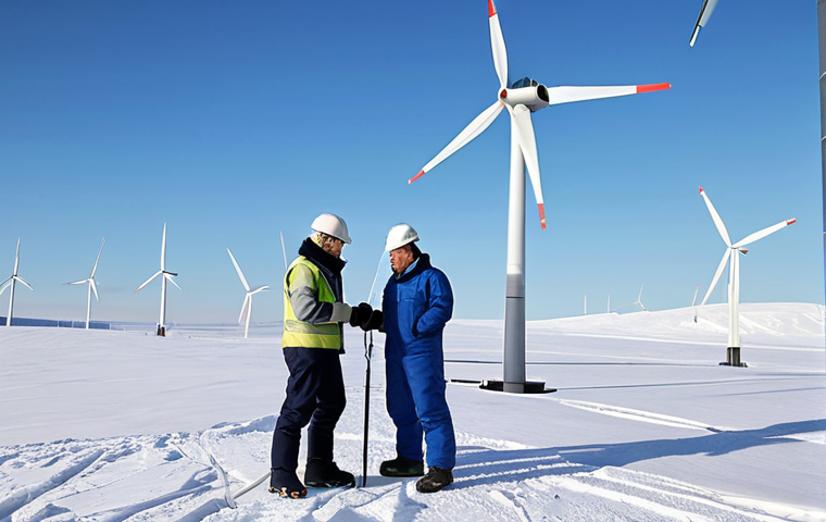 **
A collaborative team of Russian and German engineers working on a wind turbine project in the Arctic. They are fully clothed in appropriate work attire, inspecting the turbine's components. The scene shows a vast, snowy landscape with the wind turbine in the background. Focus on teamwork, innovation, and sustainable energy. Safe for work, appropriate content, fully clothed, professional, perfect anatomy, correct proportions, natural pose, high quality.
**