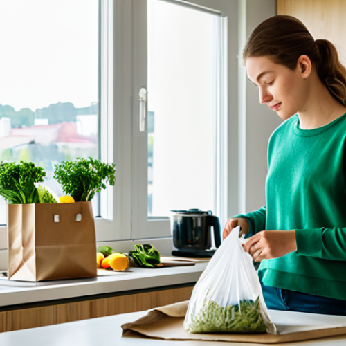 Home 12 Eco-Conscious Home**
"A bright and airy modern apartment interior, featuring a young woman in casual, modest clothing sorting recyclable materials in her kitchen. Reusable shopping bags hang neatly, and energy-efficient lighting is visible. Natural light streams through a window overlooking a green cityscape. Safe for work, appropriate content, fully clothed, professional photography, perfect anatomy, correct proportions, family-friendly, high resolution."
**
