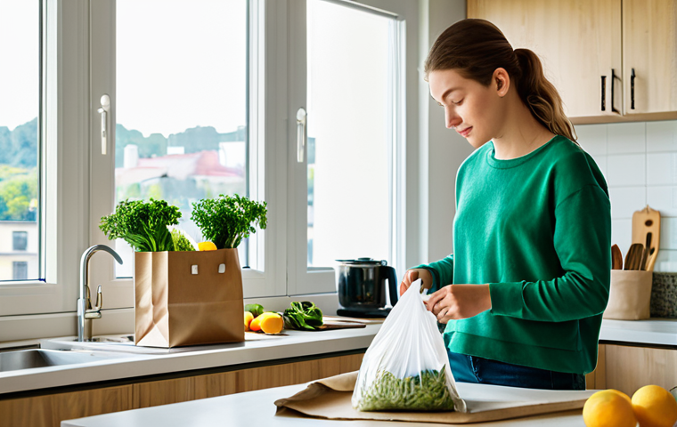Eco-Conscious Home**
"A bright and airy modern apartment interior, featuring a young woman in casual, modest clothing sorting recyclable materials in her kitchen. Reusable shopping bags hang neatly, and energy-efficient lighting is visible. Natural light streams through a window overlooking a green cityscape. Safe for work, appropriate content, fully clothed, professional photography, perfect anatomy, correct proportions, family-friendly, high resolution."
**