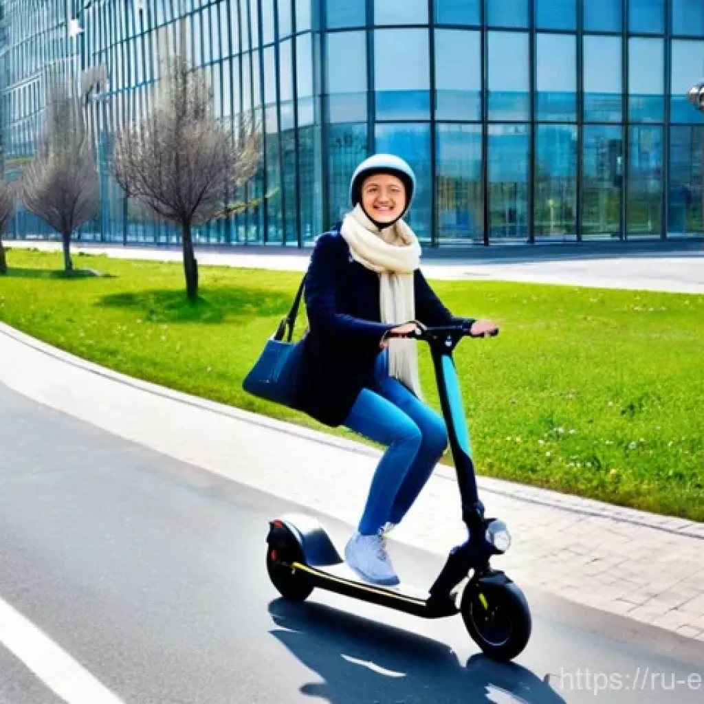 지속 가능한 교통 시스템 - **A joyful young Russian woman on an electric scooter in a bustling, modern Moscow street.** She is ...