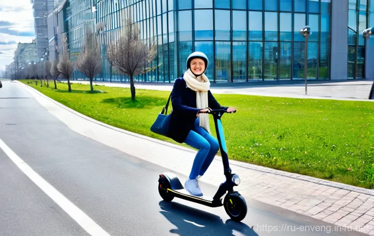 지속 가능한 교통 시스템 - **A joyful young Russian woman on an electric scooter in a bustling, modern Moscow street.** She is ...