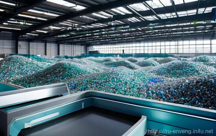 재활용 및 자원 순환 기술 - **Prompt:** A highly advanced, clean, and brightly lit automated waste sorting facility. Robotic arm...