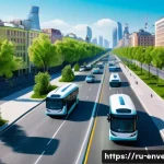Home 21 국내외 환경공학 정책 - A modern Russian cityscape illustrating clean air initiatives: wide streets with electric buses and ...