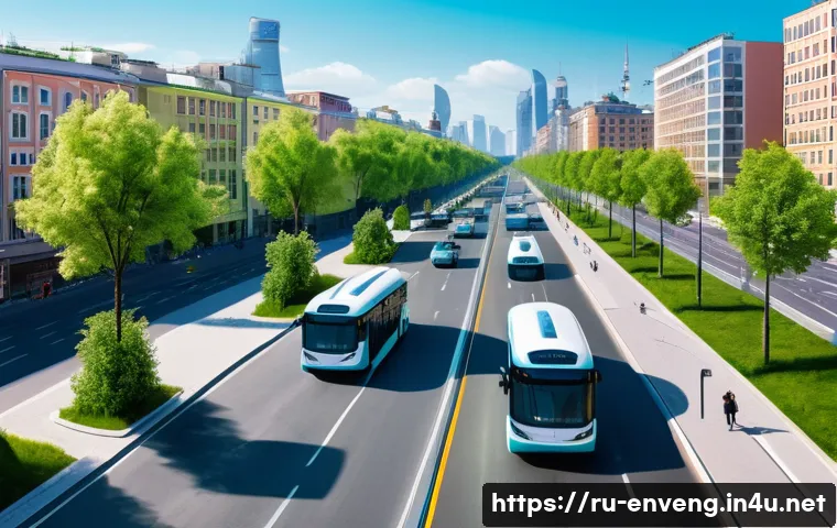 국내외 환경공학 정책 - A modern Russian cityscape illustrating clean air initiatives: wide streets with electric buses and ...