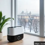 Home 18 환경오염과 미세먼지 - A modern Russian apartment living room featuring a sleek air purifier with a visible HEPA and charco...