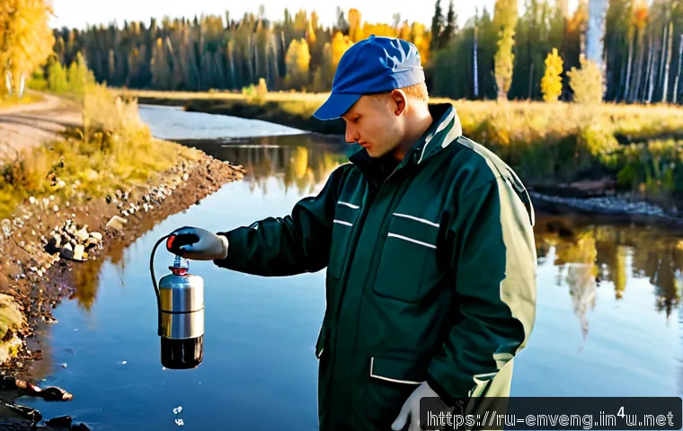 Home 17 수질 모니터링 및 정화기술 - Photorealistic environmental engineer in insulated outdoor workwear collecting a water sample from a...